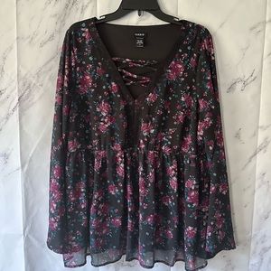 TORRID - FLORAL PRINT LONG BELL SLEEVE BLOUSE TOP BLACK/PINK WOMENS 0